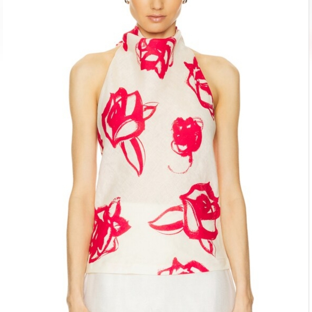 MSGM Floral Halter Top with Red Rose Print